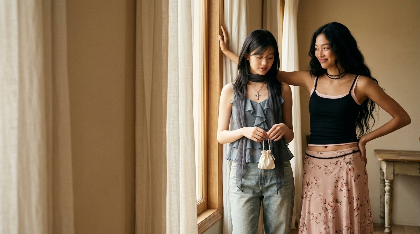 Kee and PER standing together by a sunlit window at home (AI-generated characters)
